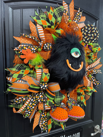 Halloween Monster Candy Corn Sucker Wreath, Seasonal Holiday Front Door Decor, KatsCreationsNMore