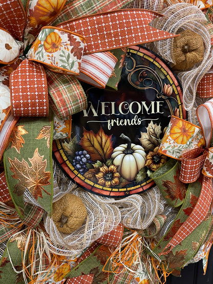 Rustic Welcome Friends Fall Pumpkin Wreath by KatsCreationsNMore