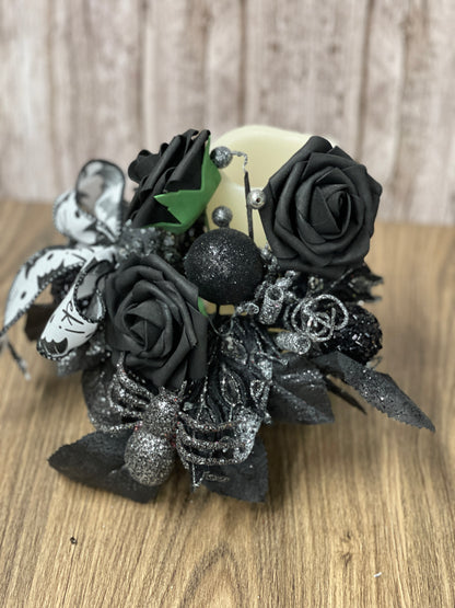 Halloween Floral Bottle Bouquet, Spooky Black Rose Centerpiece, Spider Candle Holder Arrangement, KatsCreationsNMore