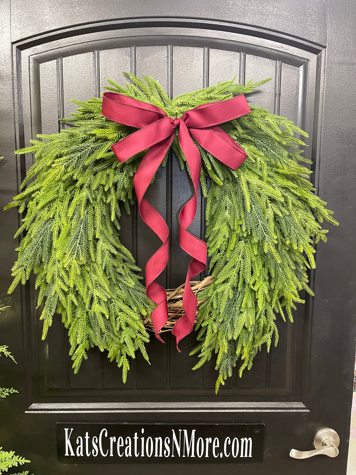 Norfolk Pine Evergreen Wreath, Christmas Grapevine Greenery with Burgundy Bow, KatsCreationsNMore