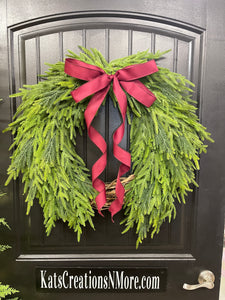 Norfolk Pine Evergreen Wreath, Christmas Grapevine Greenery with Burgundy Bow, KatsCreationsNMore