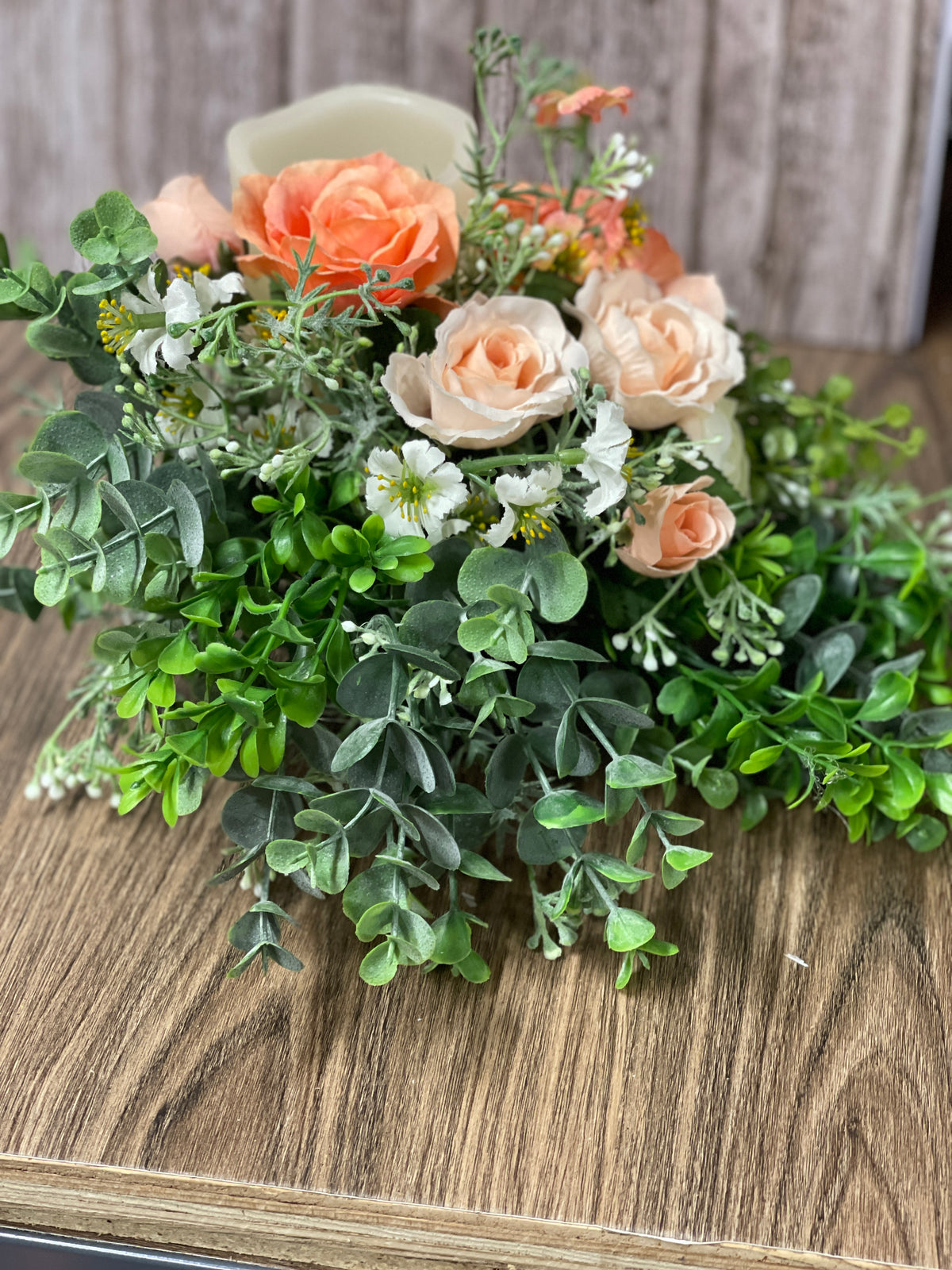 Spring Peach Rose and Ivory Ranuculus Bottle Bouquet, Floral Candle Holder, Table Centerpiece, Hostess Gift, Baby or Bridal Shower Arrangement, KatsCreationsNMore