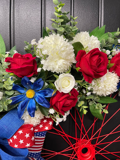 Patriotic Bike Wheel Wreath, Americana Front Door Decor, United States 1776 Wreath, Rustic Farmhouse Patriotic Decor, Memorial Day July 4th Wreath