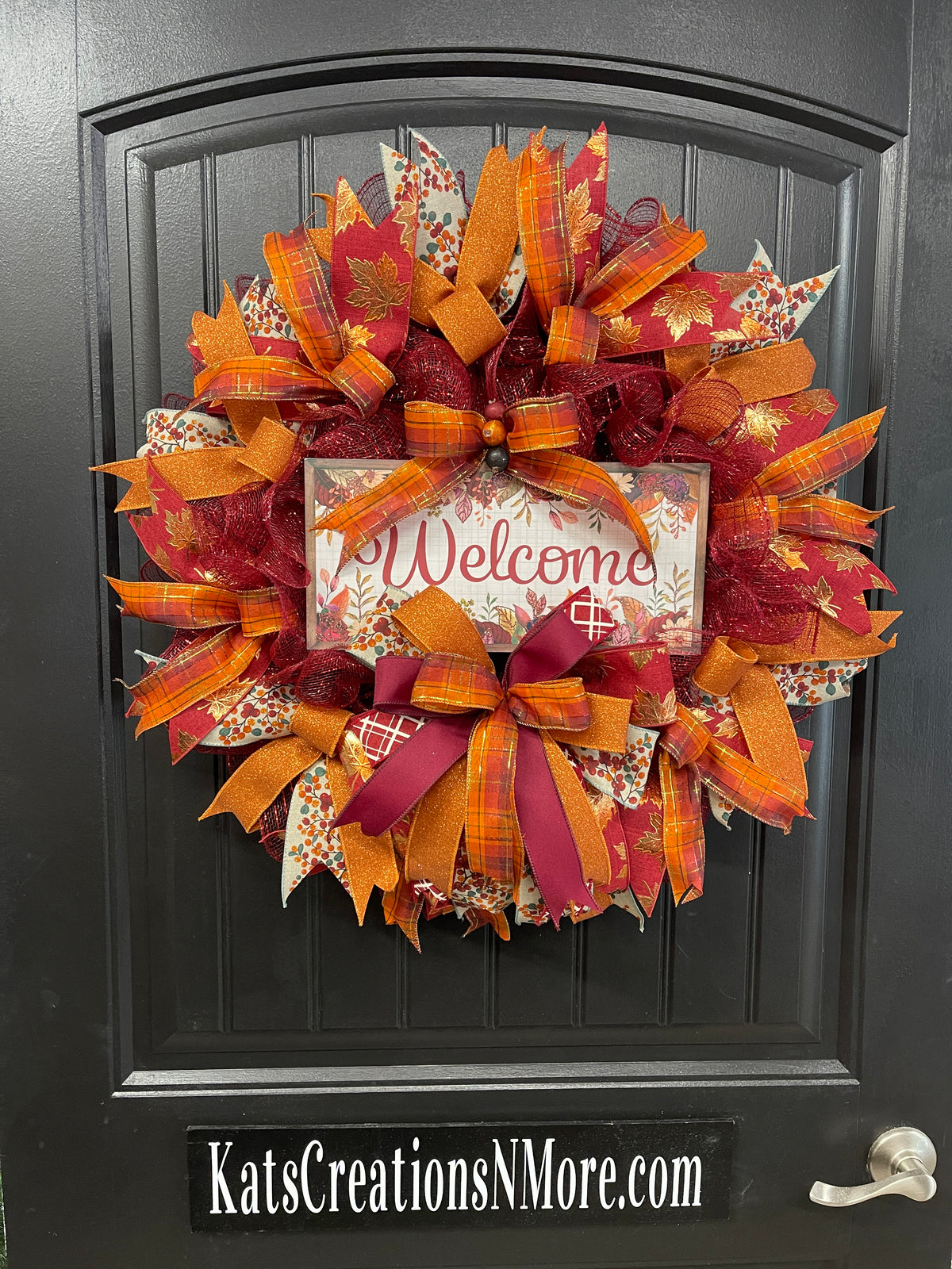 Autumn Welcome Wreath – Fall Front Door Decor with Burgundy, Orange, and Plaid Ribbons – Thanksgiving or Harvest Home Accent, KatsCreationsNMore