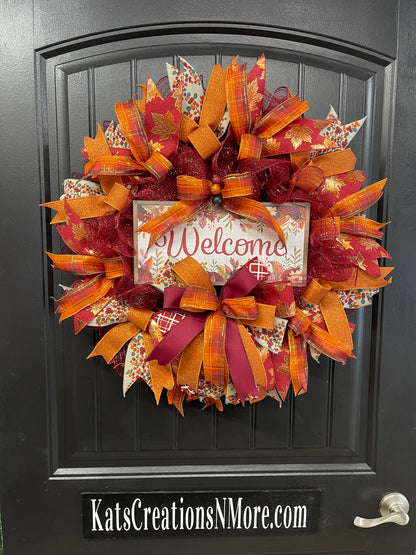 Autumn Welcome Wreath – Fall Front Door Decor with Burgundy, Orange, and Plaid Ribbons – Thanksgiving or Harvest Home Accent, KatsCreationsNMore