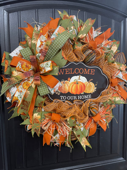 Welcome to Our Home Fall Pumpkin Wreath – Handmade Autumn Front Door Décor with Pumpkins, Cinnamon Sticks, Raffia & Rustic Ribbons, KatsCreationsNMore