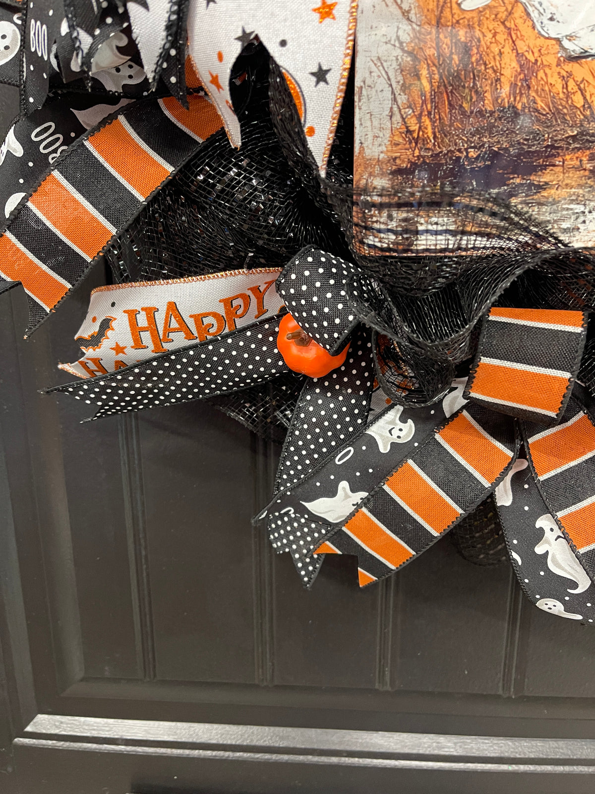 Halloween Ghost Deco Mesh Wreath | Cute Ghost Front Door Wreath | Handmade Halloween Decor | Black Orange Mesh Wreath | Halloween Porch Decor