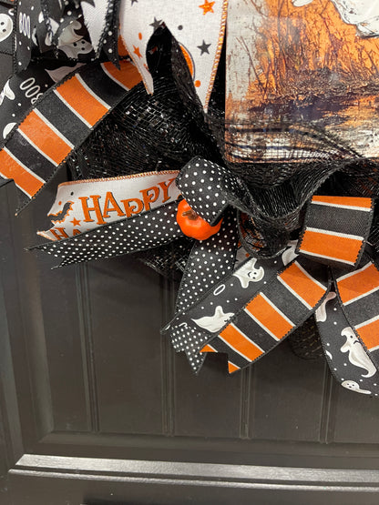 Halloween Ghost Deco Mesh Wreath | Cute Ghost Front Door Wreath | Handmade Halloween Decor | Black Orange Mesh Wreath | Halloween Porch Decor