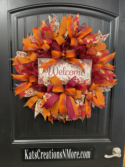 Autumn Welcome Wreath – Fall Front Door Decor with Burgundy, Orange, and Plaid Ribbons – Thanksgiving or Harvest Home Accent, KatsCreationsNMore
