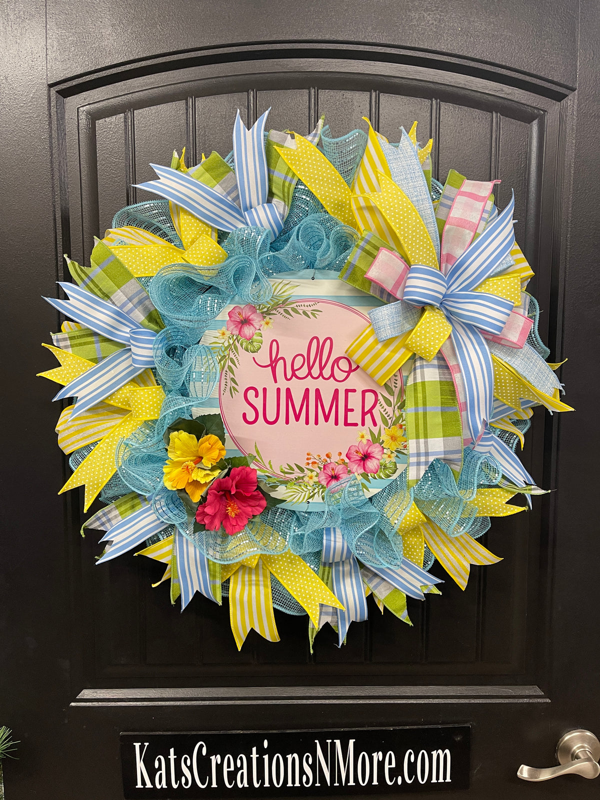 Hello Summer Wreath, Hibiscus Floral Front Door Decor, Beach House Decoration, KatsCreationsNMore
