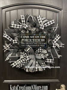 Black and White Welcome Wreath with Interchangeable Signs, 1 Wreath, 4 Looks, KatsCreationsNMore