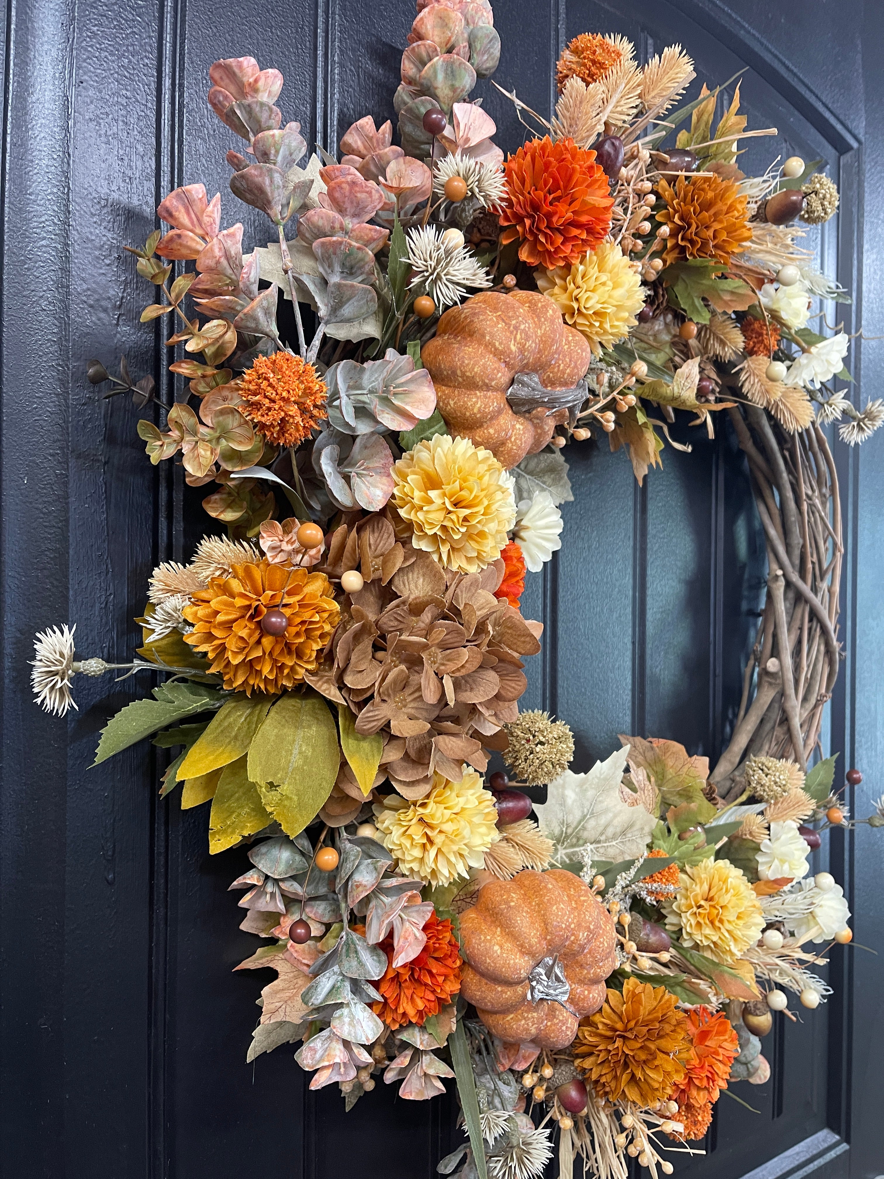 Fall Pumpkin & Floral Grapevine Wreath – Warm Autumn Harvest Door Decor, KatsCreationsNMore