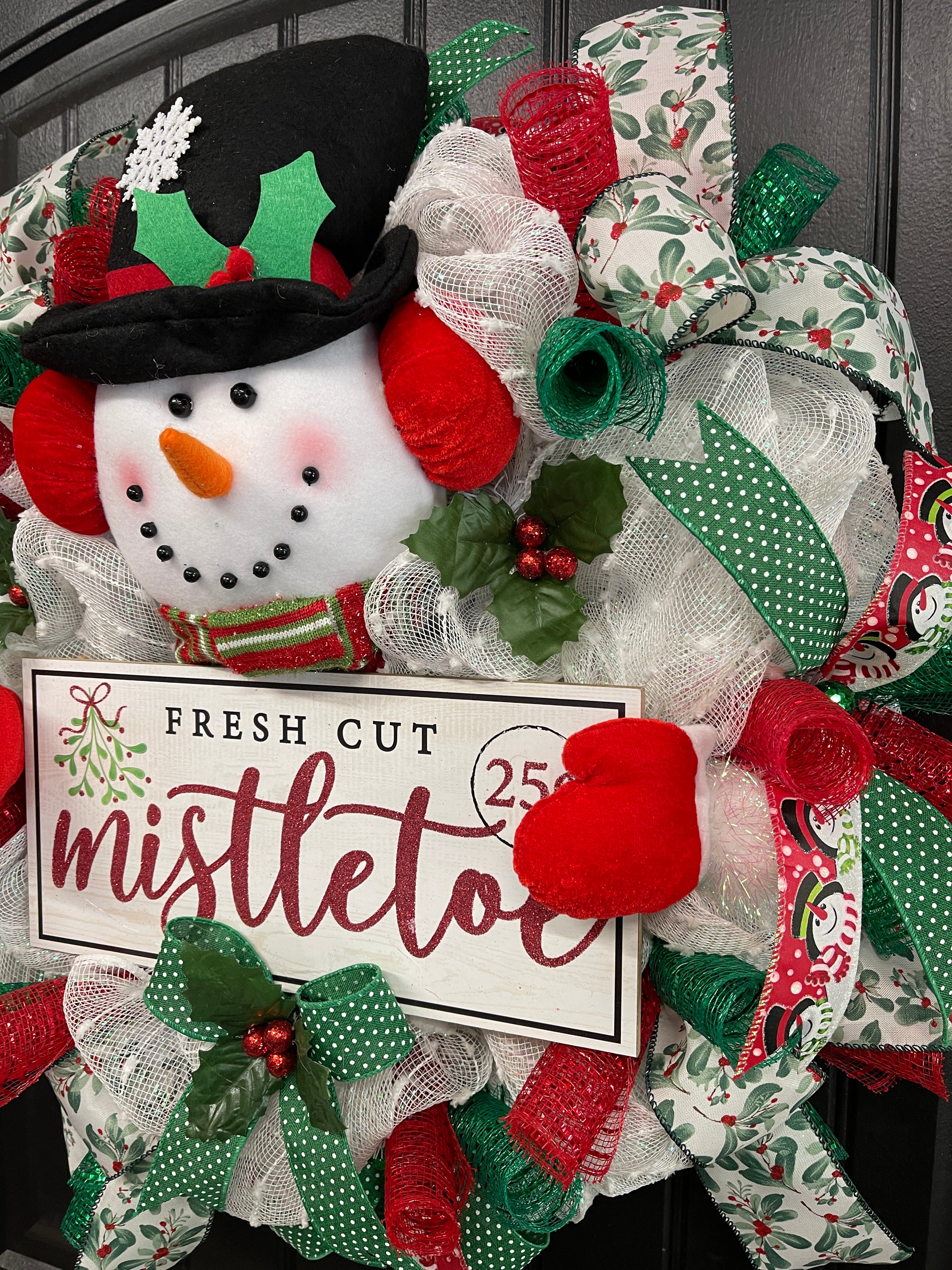 Snowman Mistletoe Christmas Wreath, Winter Seasonal Holiday Front Door Decor, KatsCreationsNMore
