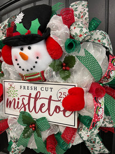 Snowman Mistletoe Christmas Wreath, Winter Seasonal Holiday Front Door Decor, KatsCreationsNMore
