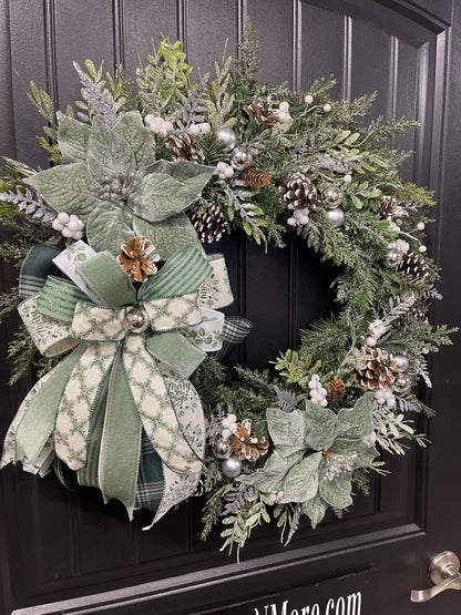 Merry & Bright Sage Green Christmas Wreath | 26” Frosted Evergreen Holiday Decor