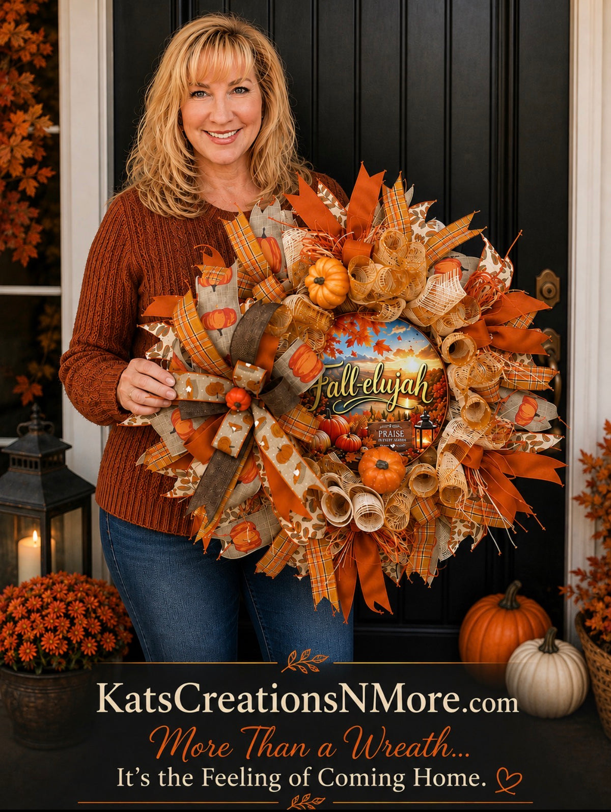 Pumpkin Fallelujah Wreath with Cinnamon Sticks – Cozy Farmhouse Autumn Door Décor, KatsCreationsNMore