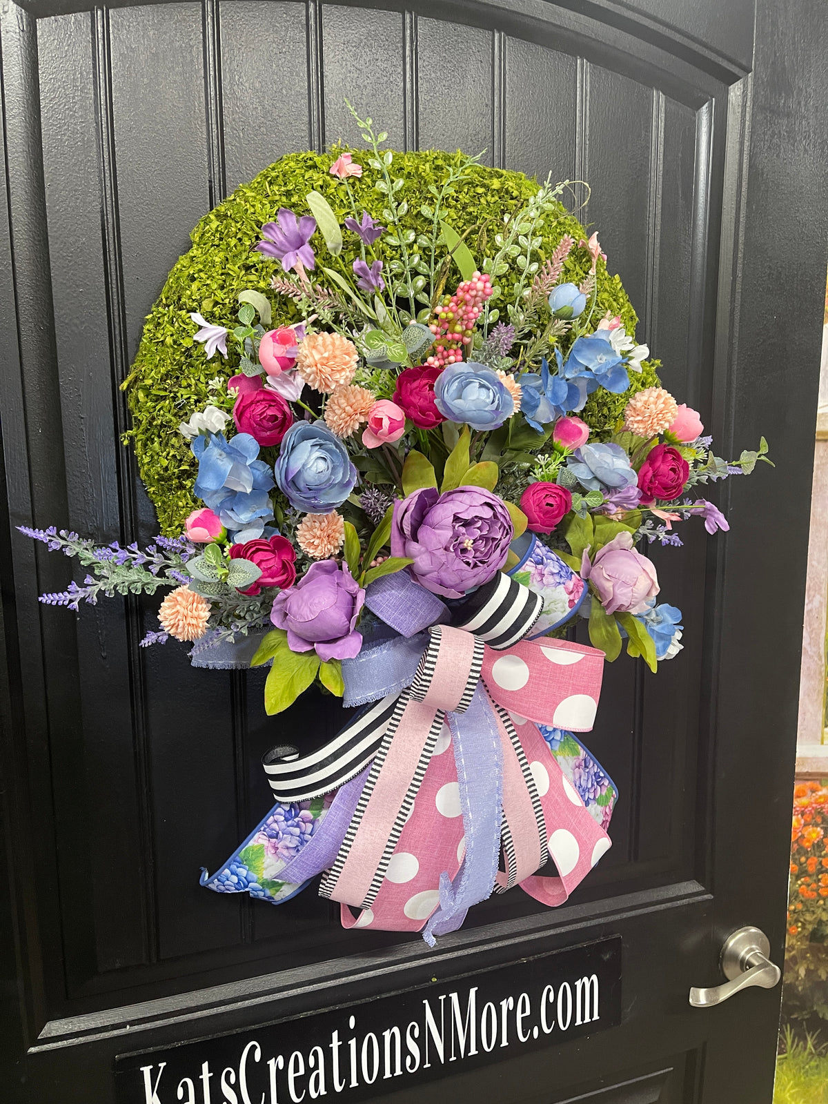 Spring Meadow Floral Moss  Wreath, Everyday Flower Front Door Decor, KatsCreationsNMore