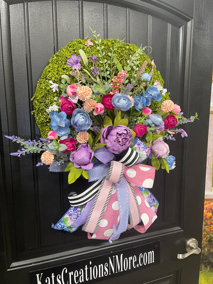 Spring Meadow Floral Moss  Wreath, Everyday Flower Front Door Decor, KatsCreationsNMore