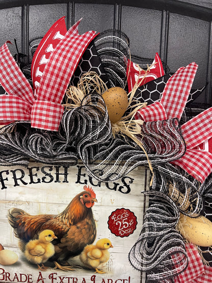 Farmhouse Chicken Wreath, Fresh Eggs Front Door Wreath, Rustic Chicken Wreath, Country Farmhouse Decor, Red Gingham Spring Summer Wreath, KatsCreationsNMore