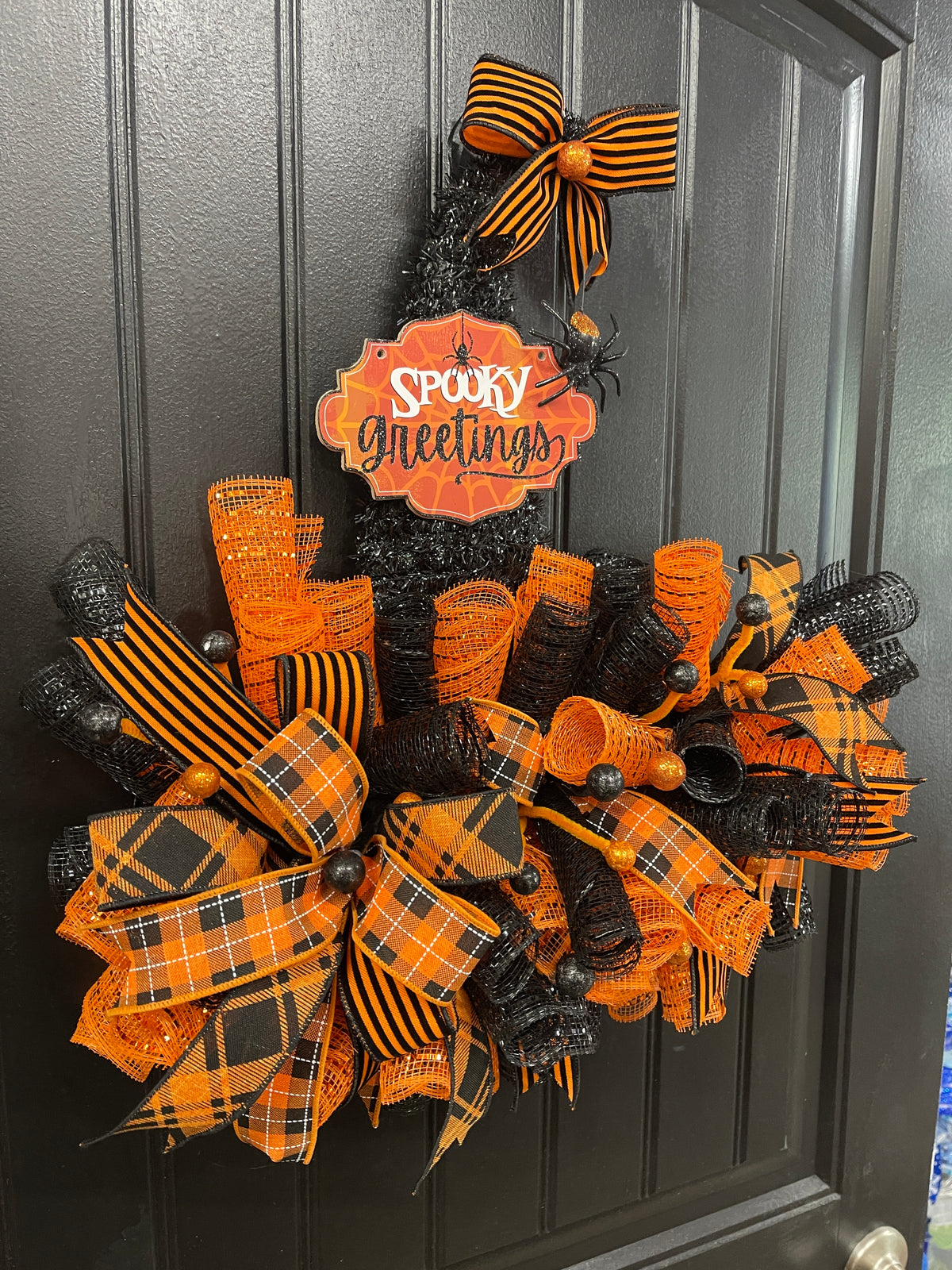 Halloween Witch Hat Spooky Greetings Wreath by KatsCreationsNMore