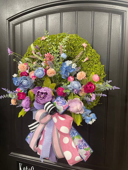 Spring Meadow Floral Moss  Wreath, Everyday Flower Front Door Decor, KatsCreationsNMore