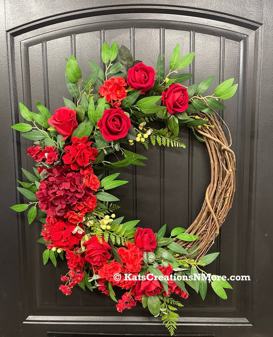 Faith-Filled Red Rose Christian Grapevine Wreath | Meaningful Christian Home Décor | Memorial, Wedding & Devotional Floral Wreath | KatsCreationsNMore