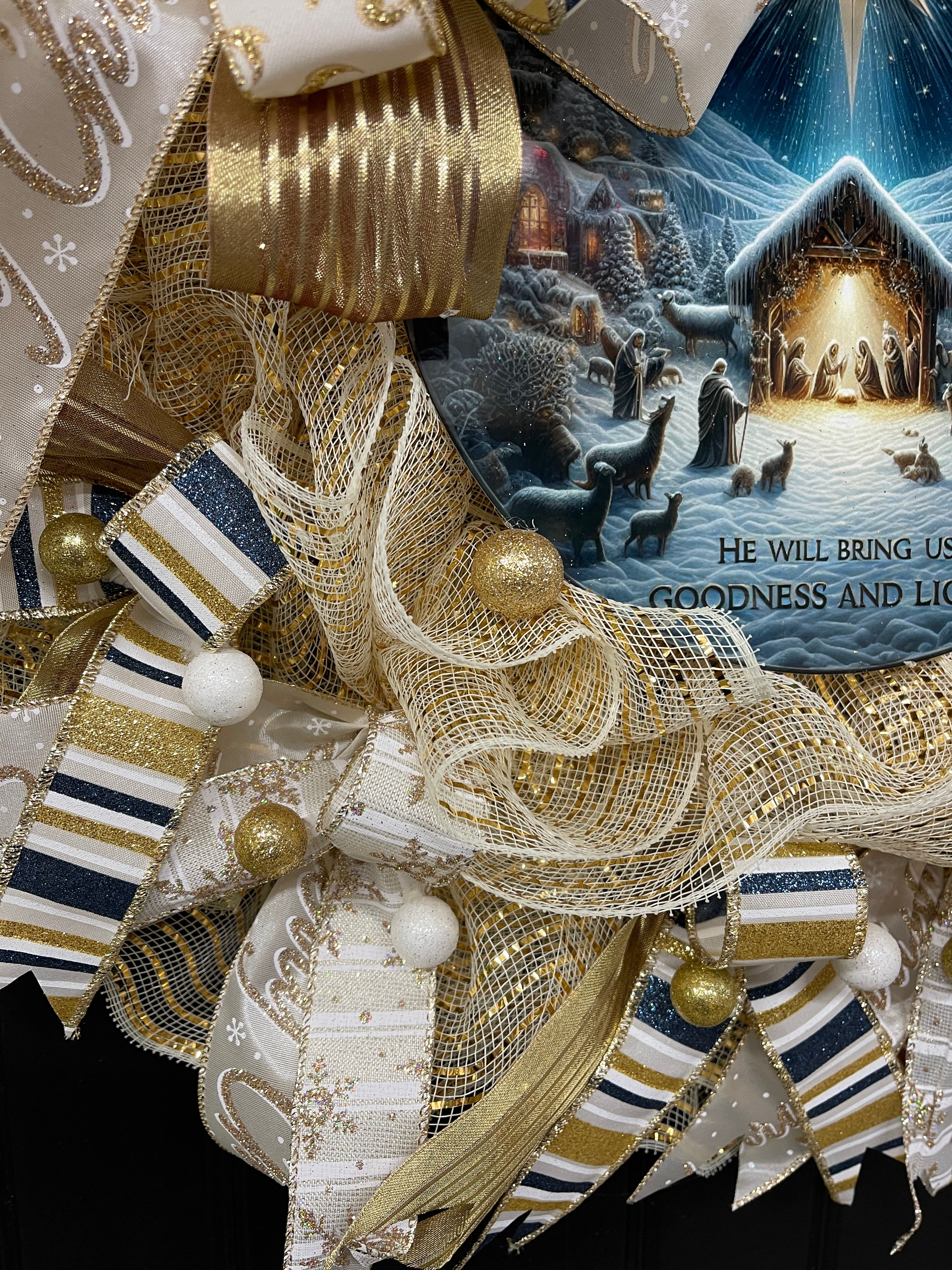 Goodness and Light Nativity Christmas Wreath | Elegant Gold & Cream Mesh Holiday Door Decor | Luke 2:14 Nativity Scene Wreath, KatsCreationsNMore