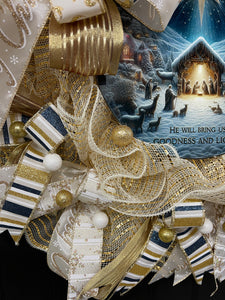 Goodness and Light Nativity Christmas Wreath | Elegant Gold & Cream Mesh Holiday Door Decor | Luke 2:14 Nativity Scene Wreath, KatsCreationsNMore