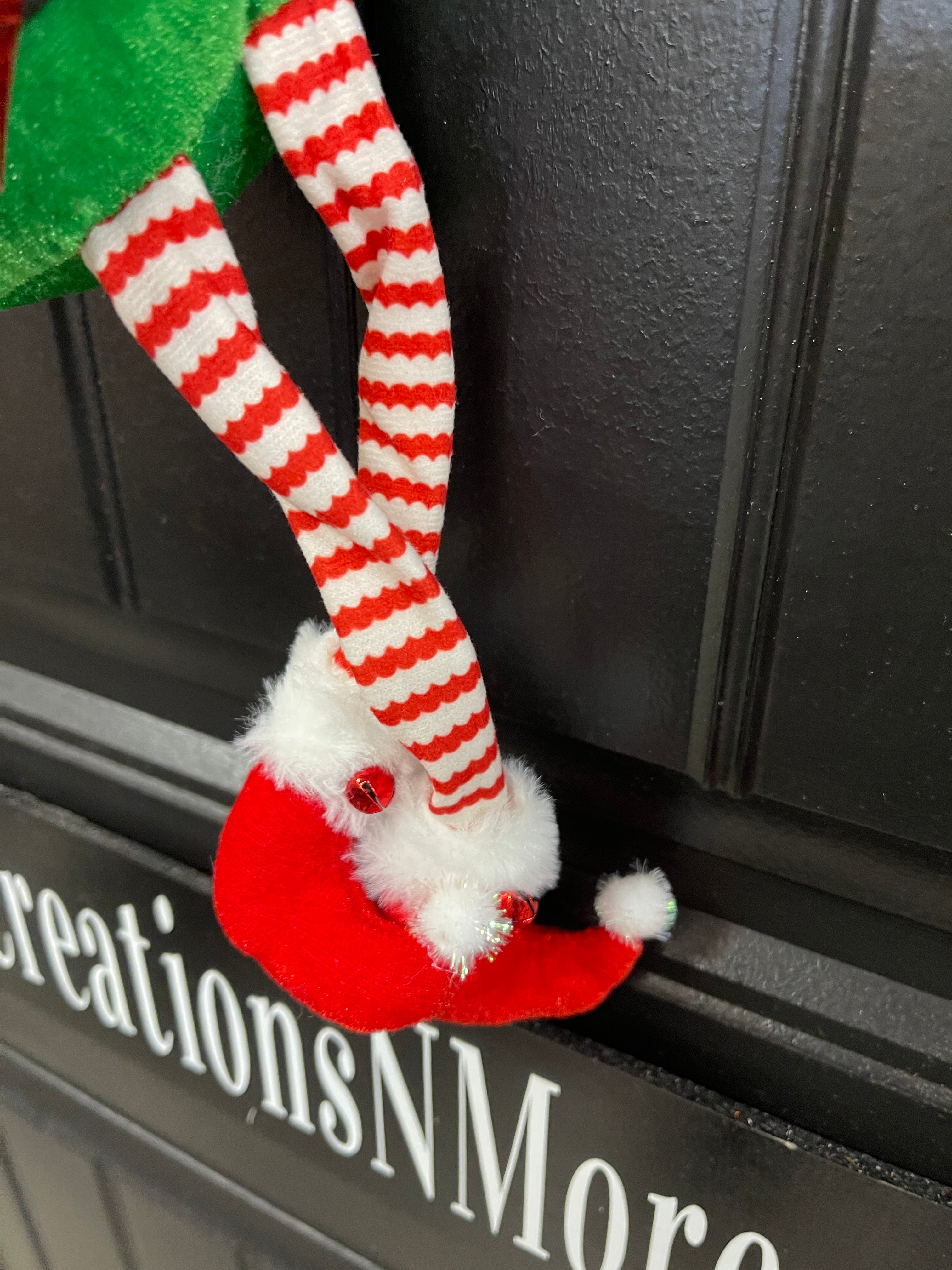 Candy Cane Christmas Elf Wreath, Holiday Yarn Front Door Decor, KatsCreationsNMore