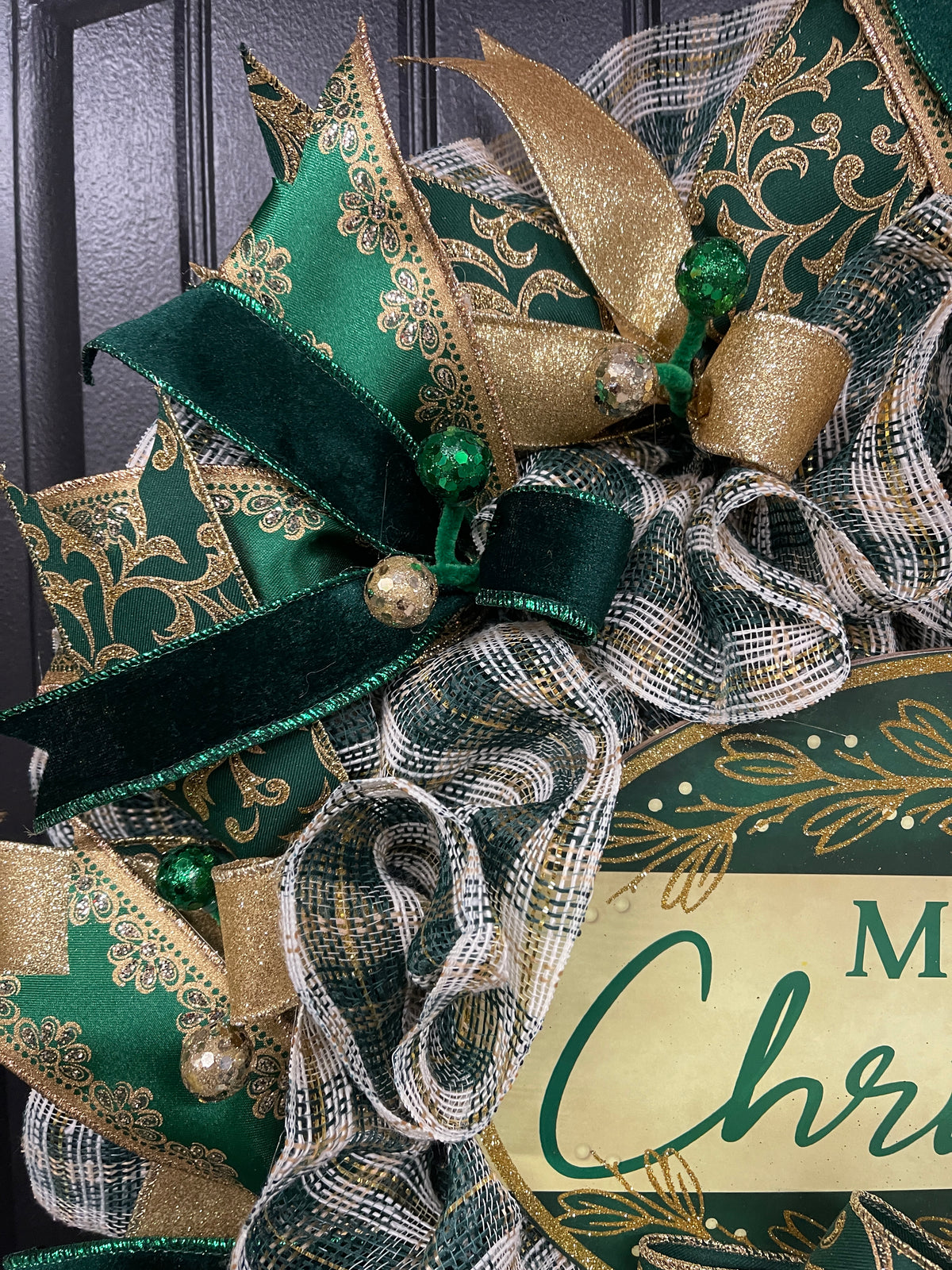 Elegant Victorian Green & Gold Merry Christmas Wreath | Handmade Holiday Door Decor | Velvet Ribbon Christmas Wreath | KatsCreationsNMore