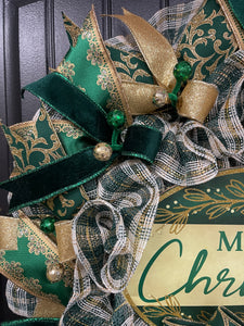 Elegant Green & Gold Merry Christmas Wreath | Handmade Holiday Door Décor | Velvet Ribbon Christmas Wreat