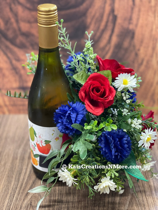 Patriotic Bottle Bouquet, Floral Candle Holder, 4th of July Centerpiece, KatsCreationsNMore