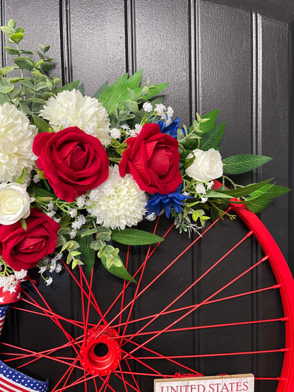 Patriotic Bike Wheel Wreath, Americana Front Door Decor, United States 1776 Wreath, Rustic Farmhouse Patriotic Decor, Memorial Day July 4th Wreath