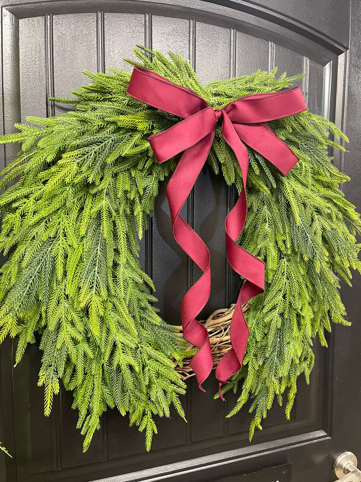 Norfolk Pine Evergreen Wreath, Christmas Grapevine Greenery with Burgundy Bow, KatsCreationsNMore