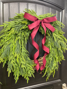 Norfolk Pine Evergreen Wreath, Christmas Grapevine Greenery with Burgundy Bow, KatsCreationsNMore