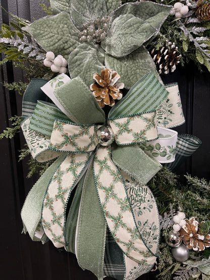 Merry & Bright Sage Green Christmas Wreath | 26” Frosted Evergreen Holiday Decor