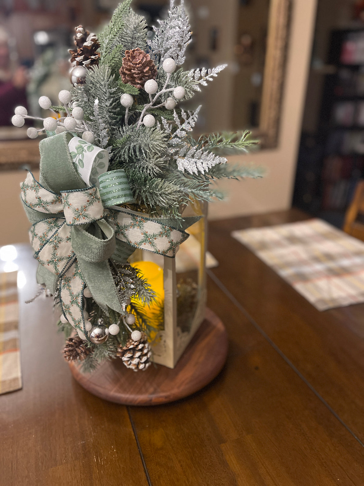 Winter Lantern Swag with Sage Bow & Frosted Greenery