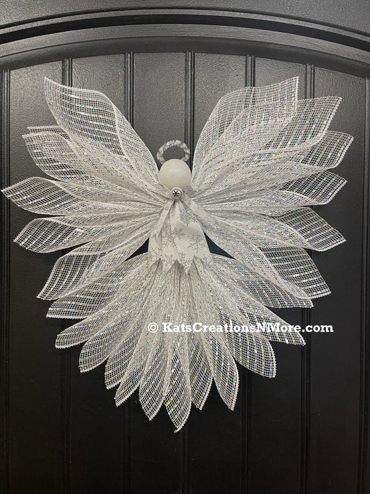 White Iridescent Christmas Angel Tree Topper, Holiday Guardian Angel Wall Decor, Graveside Memorial, KatsCreationsNMore