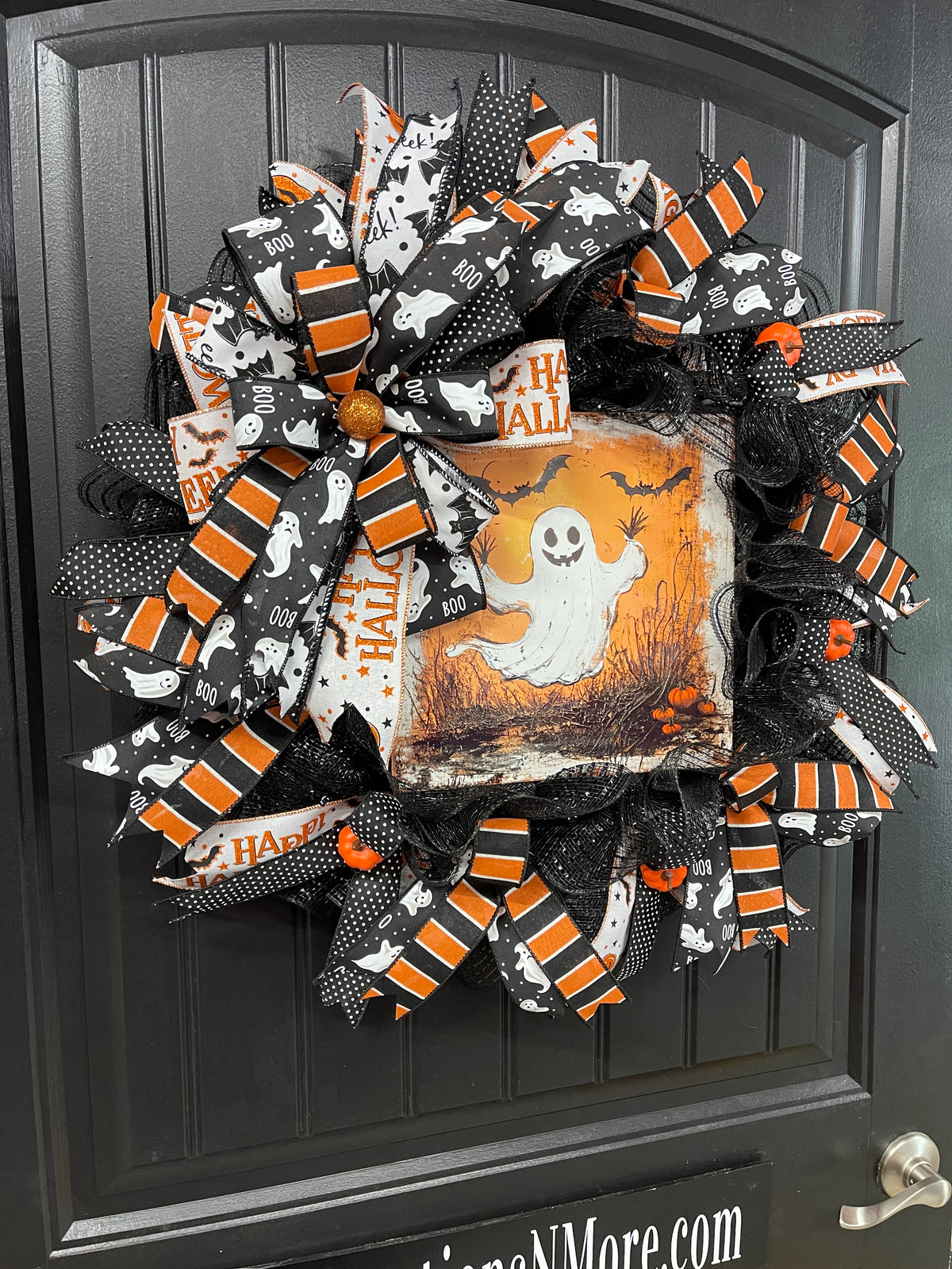 Halloween Ghost Deco Mesh Wreath | Cute Ghost Front Door Wreath | Handmade Halloween Decor | Black Orange Mesh Wreath | Halloween Porch Decor