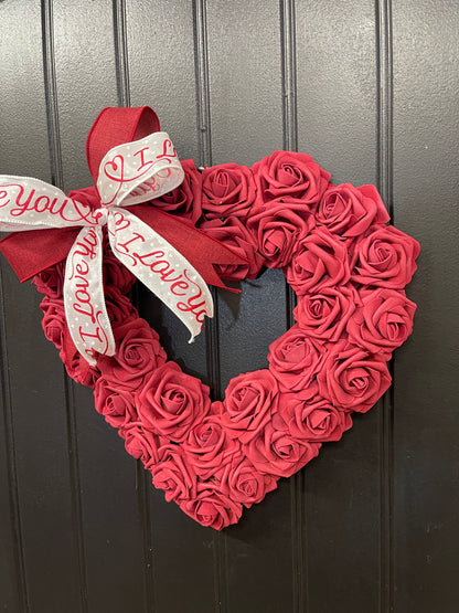 Valentine’s Day Burgundy Rose Heart Shaped Wreath, I Love You Front Door Decor, KatsCreationsNMore