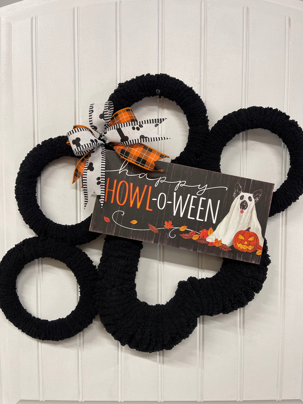 Black Dog Paw Print Chenille Yarn Happy Halloween Wreath by KatsCreationsNMore