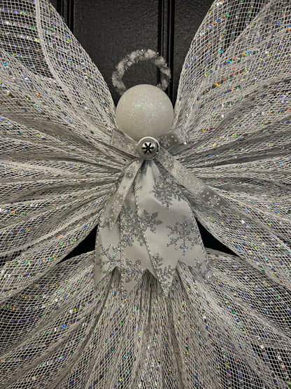 White Iridescent Christmas Angel Tree Topper, Holiday Guardian Angel Wall Decor, Graveside Memorial, KatsCreationsNMore