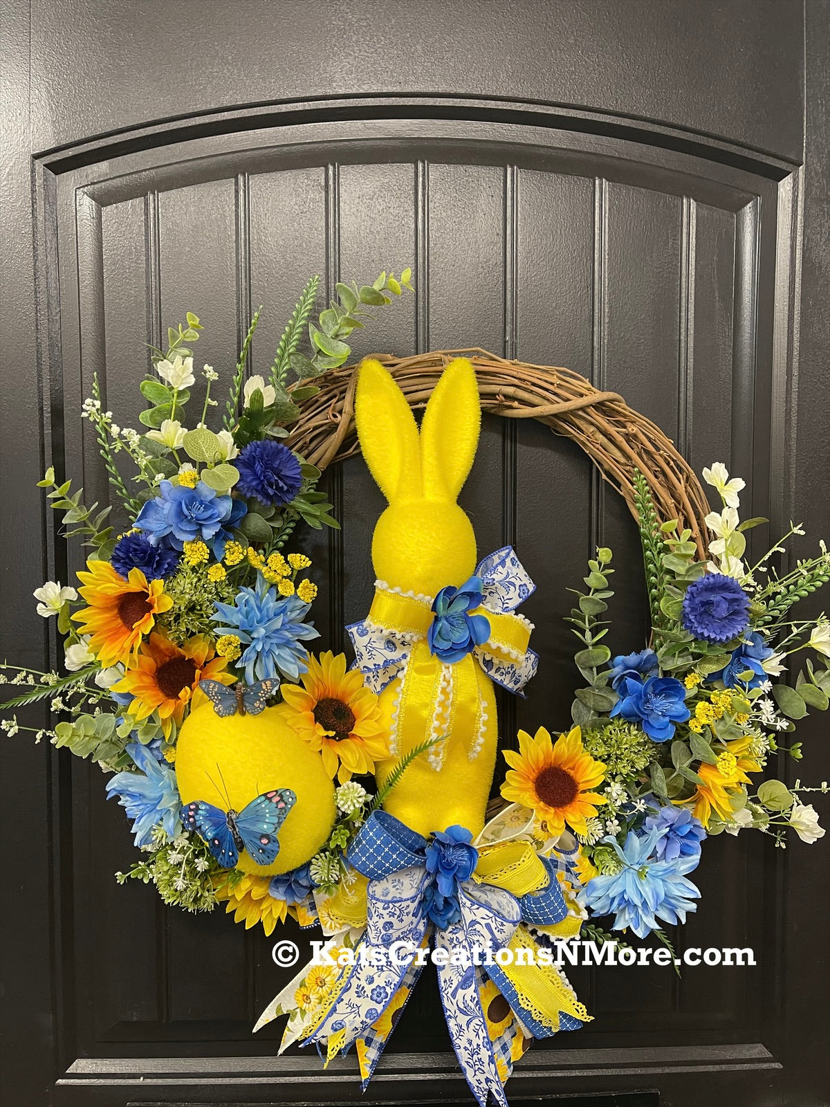 French Country Spring Flocked Bunny Floral Grapevine Wreath, KatsCreationsNMore