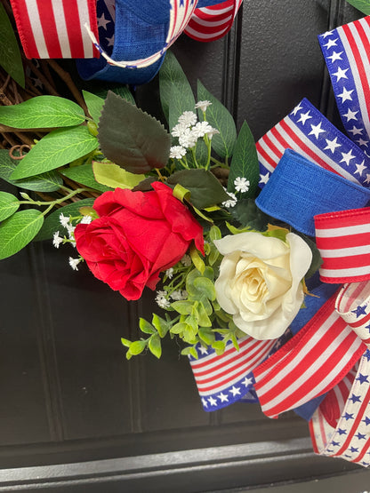 Patriotic Floral Rose Grapevine Double Bow Wreath, 4th of July Front Door Decoration, KatsCreationsNMore