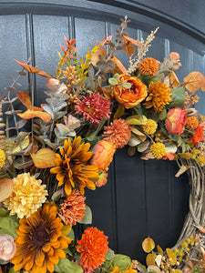 Fall Floral Grapevine, Autumn Front Door Crescent Wreath, KatsCreationsNMore