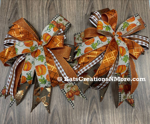 Fall Mantle Bow Set, Pair of Autumn Porch Light Decor, KatsCreationsNMore, Traditional Thanksgiving Wreath Supply