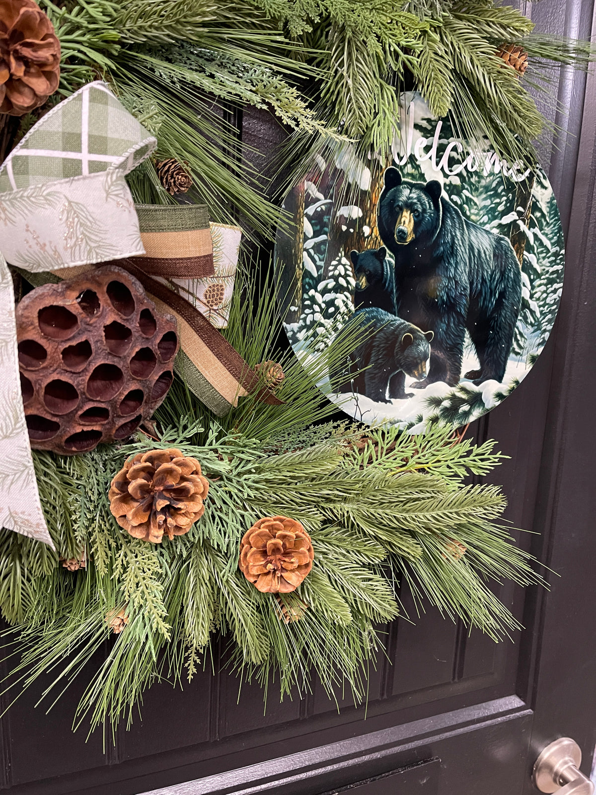 Black Bear Welcome Grapevine Wreath, Balsam and Pine Front Door Decor, KatsCreationsNMore