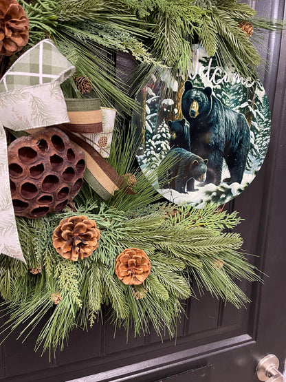 Black Bear Welcome Grapevine Wreath, Balsam and Pine Front Door Decor, KatsCreationsNMore