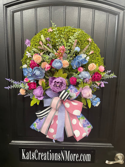 Spring Meadow Floral Moss  Wreath, Everyday Flower Front Door Decor, KatsCreationsNMore
