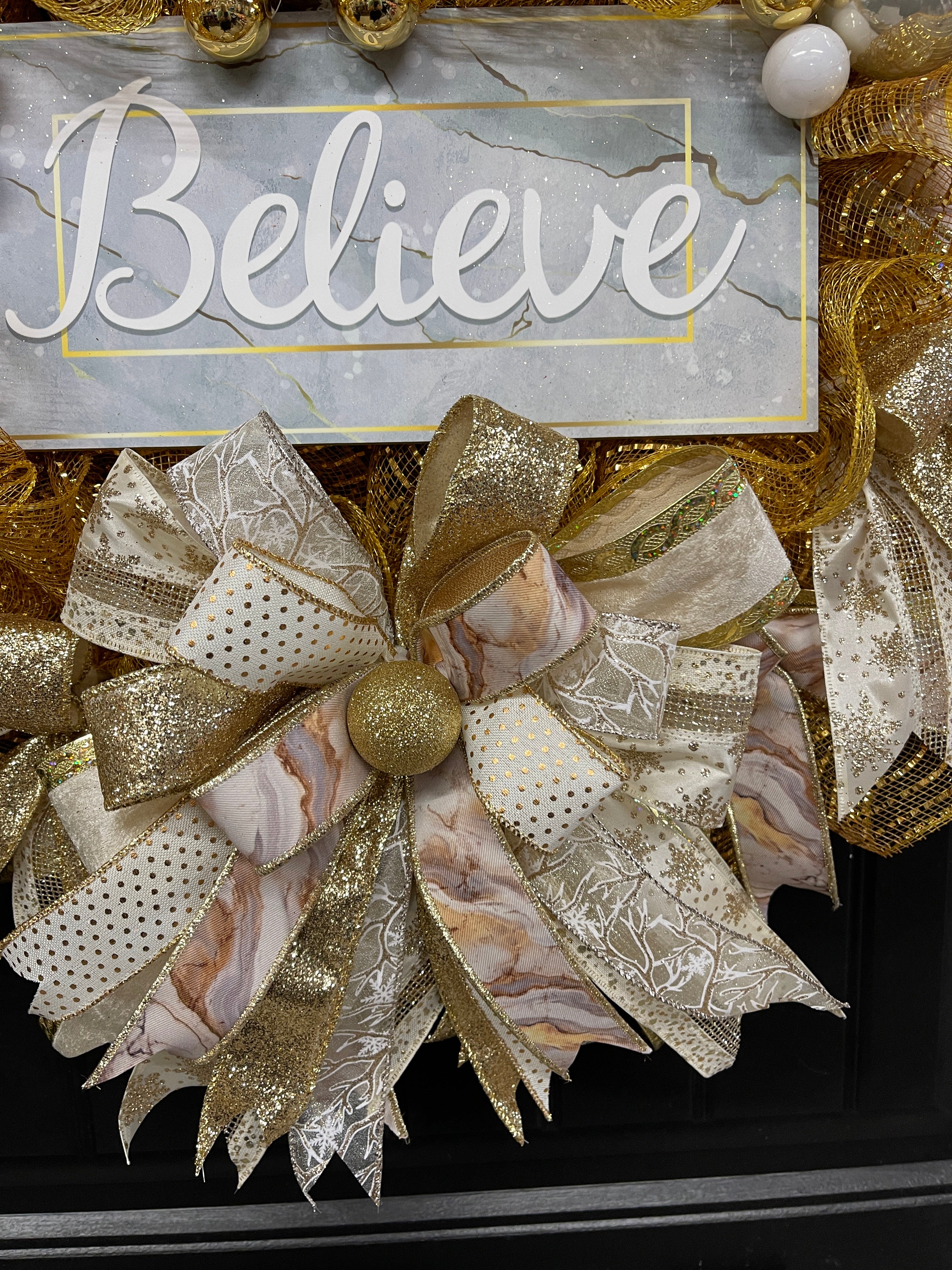 Gold Marble Believe Christmas Wreath, Metallic Holiday Front Door Decor, KatsCreationsNMore